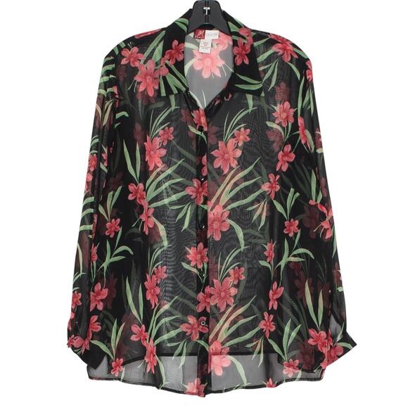 JM Collection Top Sheer Floral Tropical Resort Coastal Grandma Button Black 16W - Picture 1 of 8